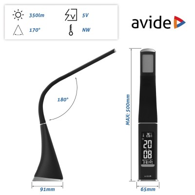 Asztali LED lámpa, kijelzős, 6W, 5000K, AVIDE, fekete