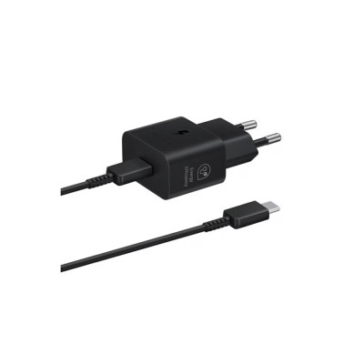 Töltő hálózati SAMSUNG Type-C aljzat (25W, GaN, PD gyorstöltő + Type-C kábel) fekete